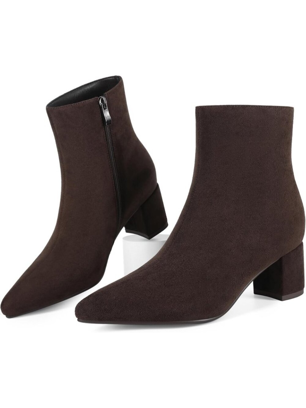 Women's Brown Suede Pointed Toe Comfortable Chunky Heel Side Zipper Ankle Boots